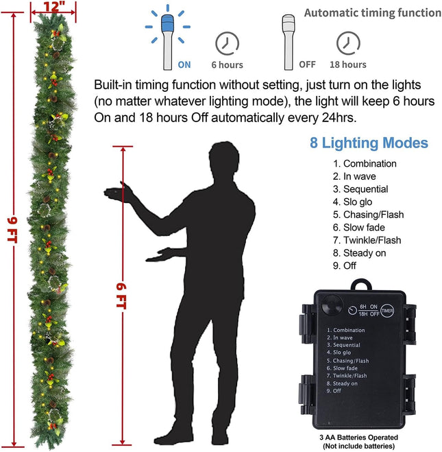 Juegoal 9ft Prelit Christmas Garland, Artificial Xmas Greenery Garland with 50 Warm White LED Lights, Battery Operated & Timer, Lighted for Indoor Outdoor Holiday Year Winter Garden Gate Home