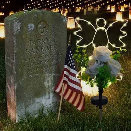 Lmtcos Solar Angel Lights for Cemetery Grave Decorations, Waterproof Angel with Rose Memorial Cemetery Lights, Solar Angel Grave Lights for Mother Day Father Day Memorial Day Christmas Grave Decor
