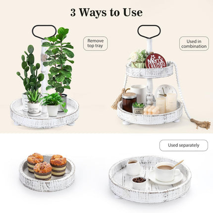 Luxspire Tiered Tray Stand, 2 Tiered Tray Decor with Wooden Beads Garland, Farmhouse Decorative Tray, 2 Tier Serving Tray for Coffee Bar Kitchen Island, Christmas Decor, Rustic White