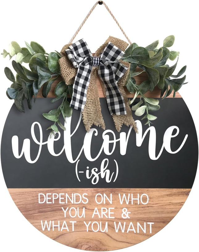 Welcome Sign for Front Door-Round Wood Wreaths Farmhouse Wood Door Hanger for Home Decor Indoor and Outdoor, Classroom,Christmas,All Seasons