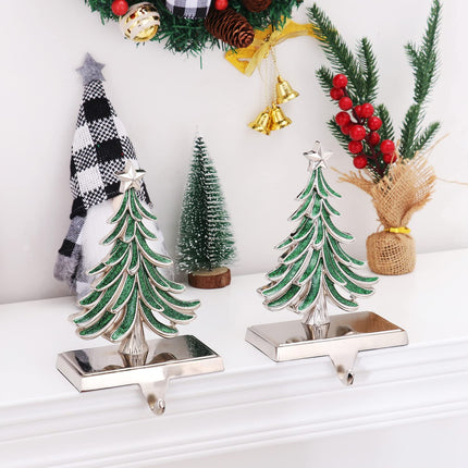 2 Pack Double Christmas Tree Stocking Holders Sliver Christmas Tree Mantle Stocking Hangers Holiday Fireplace Topper Hooks Christmas Decoration (2, Christmas Tree)