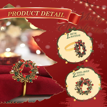 KPOSIYA 16pcs Christmas Wreath Napkin Rings Set of 8 and 8 Christmas Napkins Cloth, Napkins holdes for Dinning Table Setting Decoration, Xmas Dinner Tables Rings for Winter Party
