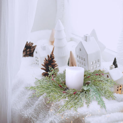 Winlyn 4 Pcs Artificial Snowy Cedar Pine Candle Rings Evergreen Pine with Red Pip Berries and Pinecones Wreaths Farmhouse Christmas Candle Holder Rings 15" Wide for Winter Holiday Mantel Door Cabinet