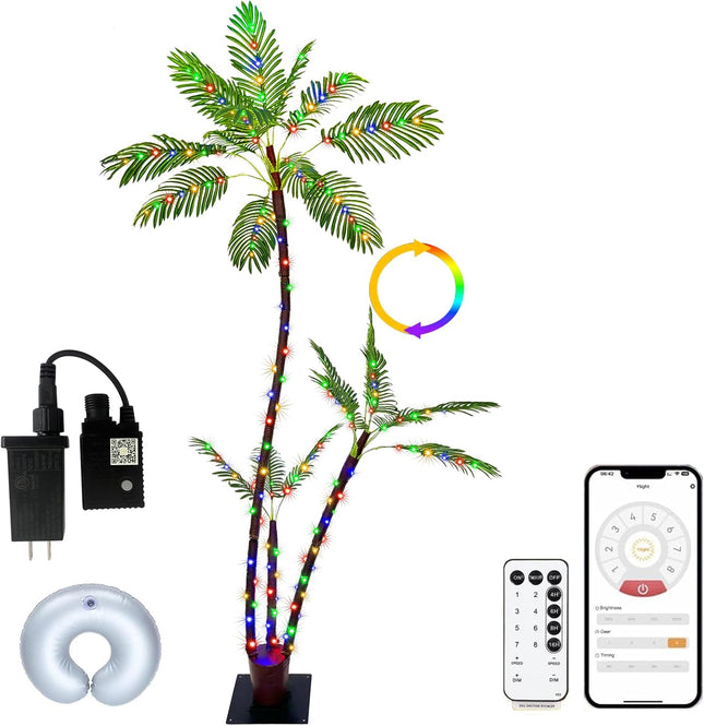 6FT Lighted Artificial Palm Tree with Three Trunks and 260 LED Lights with Remote Control and App Waterproof for Tiki Bars, Patios,Beaches,Yards Pool, Cruise Party-Warm White to Multicolor