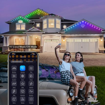 Permanent Outdoor Lights 65.6ft, Smart RGB+IC LED Eaves Lights with 100 LEDs, IP65 Waterproof Outdoor LED Lights for Party, Roof, Garden, Game Day, Work with Alexa, Google Assistant