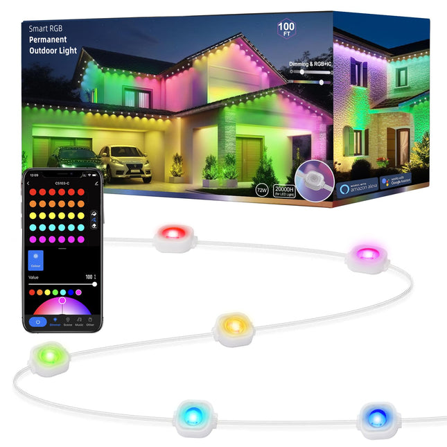 Permanent Outdoor Christmas Lights for House Roof, Year Round 100ft RGB+IC Outdoor Lights with 63 Scene,IP67 72 LED Eaves Lights for Holiday, Christmas, Daily Lighting, Smart Life APP Control