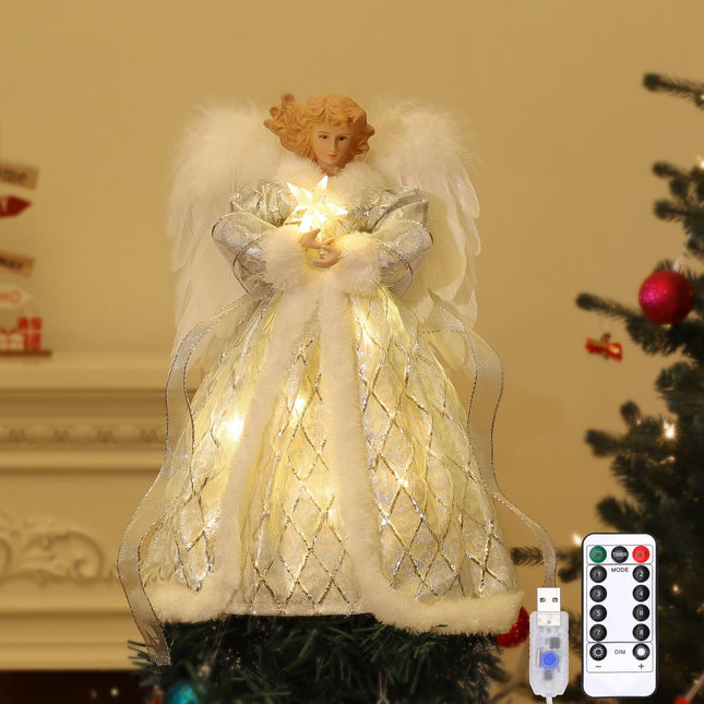 Lewondr Christmas Tree Topper Angel, 12'' Angel Tree Topper with 8 Lights, Remote & USB Operated Angel Treetop Figurine with Wings, 6H Timer Xmas Tree Decor for Holiday Home Ornament, Silver