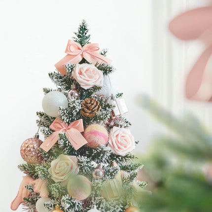 WBHome 1.8 Feet Pre-lit & Pre-Decorated Tabletop Christmas Tree, Rose Gold Ornament Decorations with Pine Cones, Snow Flocked Mini Christmas Tree with Lights, 35 Bulbs (1.8FT)