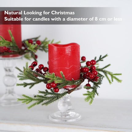 Rhytsing 3 Artificial Christmas Cedar Candle Rings with Red Berries for Pillar Candles, Christmas Wreath for Candlestick Holders, Table Centerpiece, and Dining Table, Inner Diameter: 3.5"