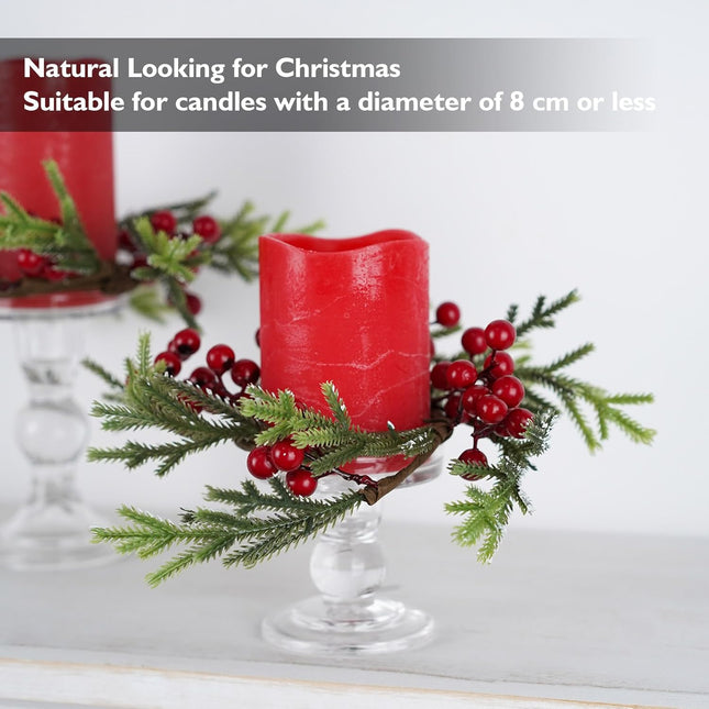 Rhytsing 3 Artificial Christmas Cedar Candle Rings with Red Berries for Pillar Candles, Christmas Wreath for Candlestick Holders, Table Centerpiece, and Dining Table, Inner Diameter: 3.5"