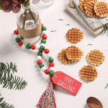 Christmas Wood Bead Garland with Tassels, Rustic Farmhouse Tiered Tray Holiday Decorations, Red and White Wooden Bead with Jute Rope Plaid Tassel, Country Xmas Home Decor (Xmas Red & Green & White)