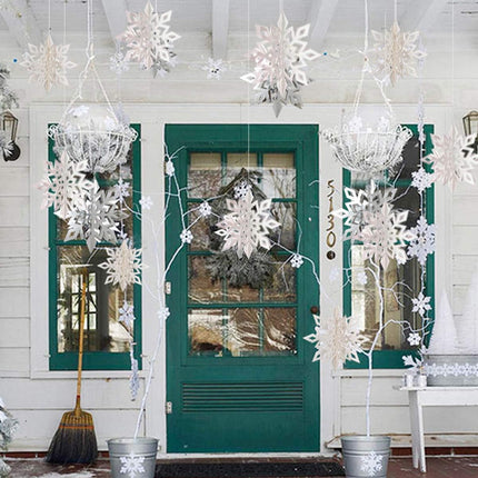 OuMuaMua Winter Christmas Hanging Snowflake Decorations, 12PCS Snowflakes Garland & 12PCS 3D Glittery Large White Snowflake for Christmas Winter Wonderland Holiday Year Party Home Decorations