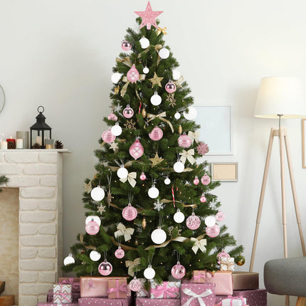 100PCS Christmas Tree Balls Ornaments Set with Christmas Tree Topper, Black Christmas Ornaments Sets for Christmas Tree, Shatterproof Hanging Christmas Tree Decorations (Pink+White)