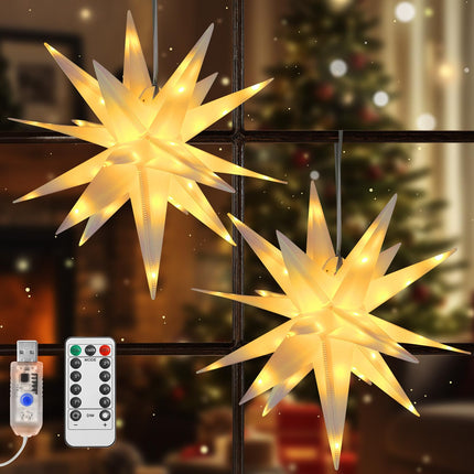 Lewondr 17.7" 2 Pack Moravian Star Outdoor Lights,Warm White 3D Hanging Star Light with 6H Timer,8 Modes,Remote Control,USB Powered Moravian Star Tree Topper Christmas Decor for Holiday Party Porch