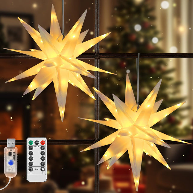 Lewondr 17.7" 2 Pack Moravian Star Outdoor Lights,Warm White 3D Hanging Star Light with 6H Timer,8 Modes,Remote Control,USB Powered Moravian Star Tree Topper Christmas Decor for Holiday Party Porch