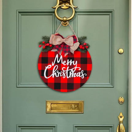 Merry Christmas Wood Sign Christmas Decoration Hanging Sign Christmas Wall Decor Rustic Wooden Plaid Wreath Christmas Decor Wood Round Yard Sign Farmhouse Christmas Front Door Sign