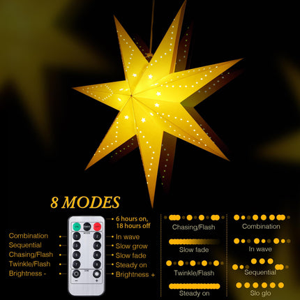 Hiboom Paper Star Lantern 24 Inch, 8 Mode 50 LEDs Firework Fairy String Lights, Light up Hollow Out Star Hanging Decoration for Indoor Outdoor Room Wedding Christmas Party(2 Pack)