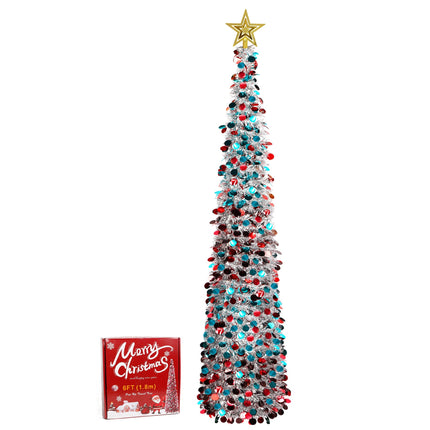 QUIENKITCH 6FT Pop Up Christmas Tinsel Tree, Collapsible Artificial Pencil Tree, Slim Xmas Trees with Topper Star for Indoor Fireplace Home Party Christmas Decor