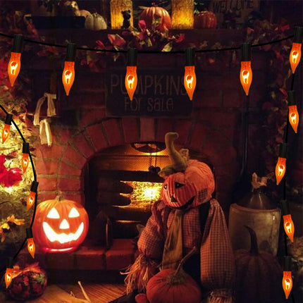 Halloween Flickering Orange String Lights Outdoor, 10Ft Flicker Flame Lights 10 C7 Flame Bulb Lights, Outside Halloween Lights Plug in for Indoor Balcony Patio Party Christmas Halloween Decorations