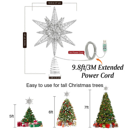 Lewondr Christmas Star Tree Topper, USB Powered Remote Controlled 11 Inch Multilayer Hexagonal Tree Toppers Christmas Decor with 8 Light Modes for Home Holiday Xmas, Timer Function, Silver
