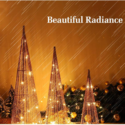 Lewondr Christmas Cone Trees, Set of 3 Christmas Tree with Lights and Glitters(24"/18"/12"), Battery Powered Decorative Straightened Thread Christmas Tree for Home Holiday Xmas Décor, Champagne Gold