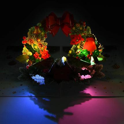 Pop Up Christmas Cards with Lights and Music, 3D Christmas Wreath Design, Handmade Musical Popup Greeting Card for Christmas Holiday Includes Envelop, Playing 'We Wish You a Merry Christmas'