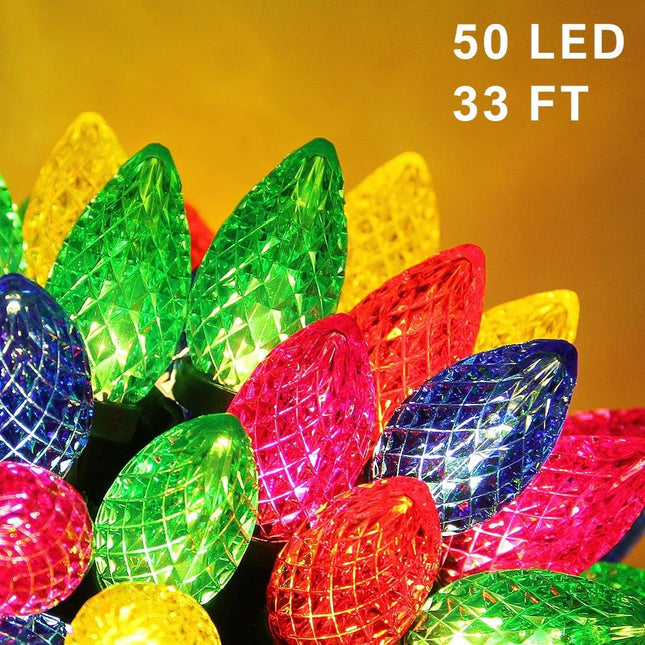 Twinkle Star C9 Christmas String Lights, 50 LED 33 ft Outdoor Fairy Lights with 29 V Safe Adaptor, Extendable Green Wire String Lights for Patio Xmas Tree Wedding Party Decoration, Multicolor