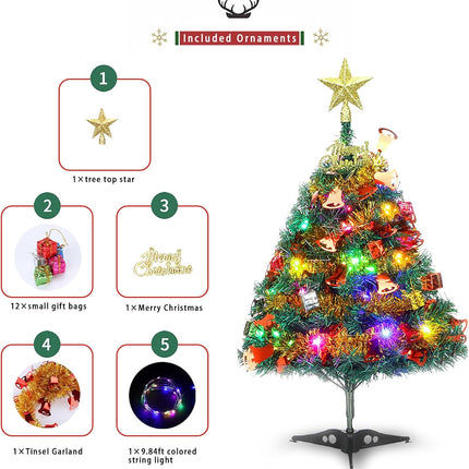 Mini Christmas Pine Tree, 24"/60cm Small Tabletop Artificial Xmas Tree with LED String Lights & Ornaments, Decor for Room and Office