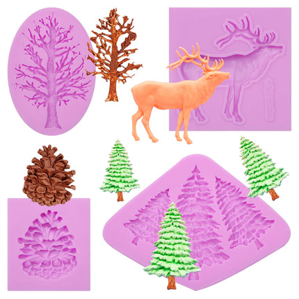 Christmas Tree Silicone Molds, Pine Cone Pine Tree Chocolate Molds, Elk Fondant Kitchen Baking Mold for Christmas Theme Cake Decoration Cake Topper Candy Sugar Craft Gum Paste Clay Resin