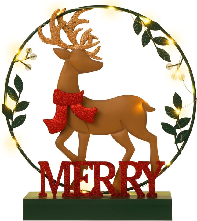 Christmas Decorations for Home Led Lighted Christmas Wreath Elk Decor Merry Christmas Sign Wooden Rustic Farmhouse Tabletop Block Xmas Party Holiday Signs