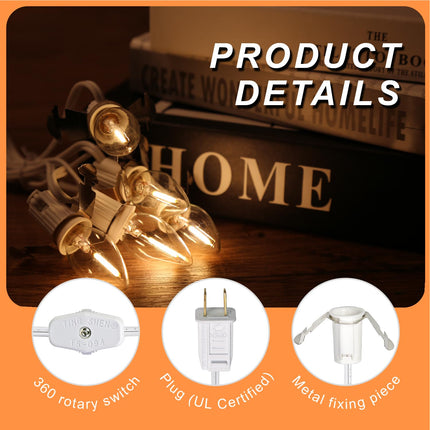 C7 String Bulbs Christmas Village Light Accessory Cord 5 Base with 5 LED Light Bulb Universal Clip White Cord with On/Off Spare Fuse Switch Plugs for Decorations Christmas Village House