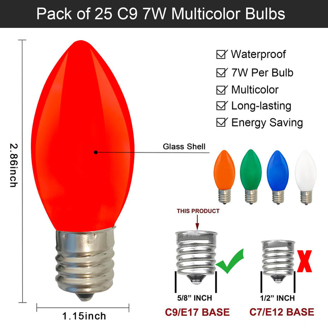 SUNSGNE 25 Pack C9 Multicolor Christmas Light Bulbs, C9 Ceramic Multicolor Incandescent Replacement Bulbs for Outdoor Vintage Christmas String Light, E17/C9 Intermediate Base- 7 Watts