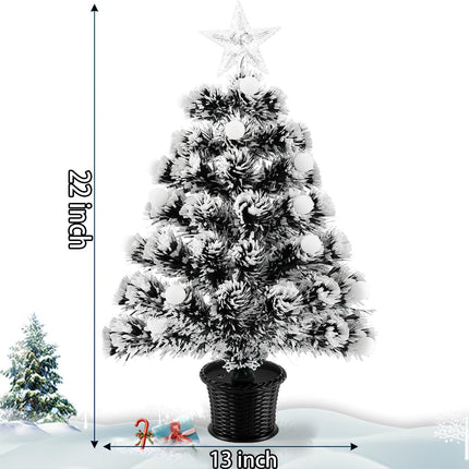 Pre-Lit Fiber Optic Christmas Tree,22'' Tabletop Small Mini Artificial Xmas Tree with Balls,RGB Lights,Treetop, Battery/USB Powered White Tiny Fake Xmas Tree Decorations for Desktop,Holiday