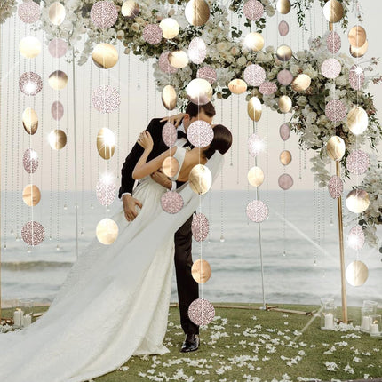 Glitter Party Decorations Champagne Gold Hanging Streamer Circle Dots Garland Paper Dots String Bunting Banner Backdrop Background Decor for Birthday Wedding Anniversary Engagement Christmas