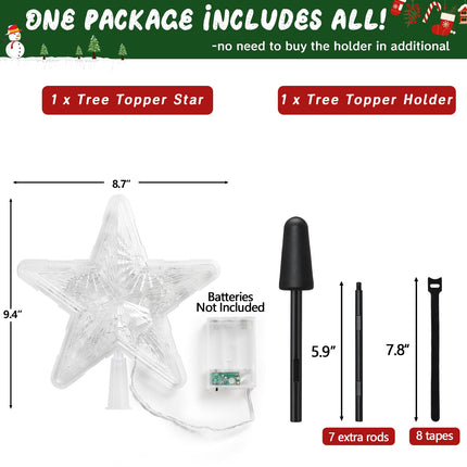 Christmas Tree Topper Star with Topper Holder, Lighted Battery Powered Star Tree Topper, Rustic Lightweight Xmas Tree Top Star with Lights for Holiday Party Home Indoor Seasonal Decorations Ornaments