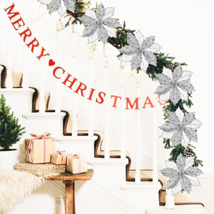 Briful 9'' Poinsettias Artificial Christmas Flowers 8PCS Silk Christmas Floral Picks and Sprays Large Silver Poinsettias Flowers with Clips for Xmas Tree Vase Arrangement Wreath Decor