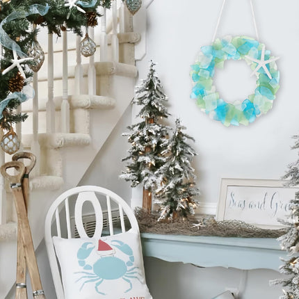 Sea Glass Wreath - Handmade 8.5 Inch Beach Wreath, Coastal Style Christmas Decor Wreaths for Home Decor, Door, Window, Kitchen Cabinet, Chair and Wall