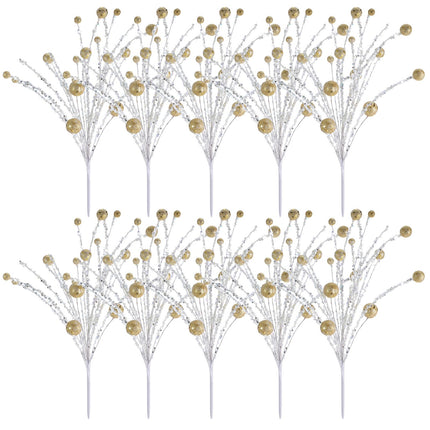 Riceshoot 10 Pcs Christmas Tree Picks 12 Inch Glitter Berry Stem Ornaments Hanging Sequins Ball Xmas Branches Large Christmas Tree Fillers Picks Toppers for Holiday Party Supplies (Champagne Gold)