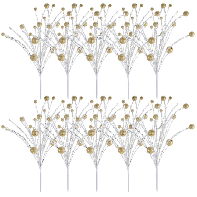 Riceshoot 10 Pcs Christmas Tree Picks 12 Inch Glitter Berry Stem Ornaments Hanging Sequins Ball Xmas Branches Large Christmas Tree Fillers Picks Toppers for Holiday Party Supplies (Champagne Gold)