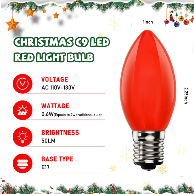 25Pack C9 LED Opaque Replacement Christmas Light Bulbs, LED Shatterproof Red Light Bulbs for Christmas Outdoor Light Strings, E17 Medium Base Night Light Bulbs, 0.6W Commercial Grade Dimmable Bulbs
