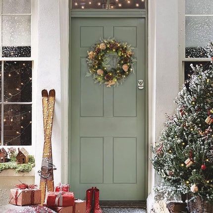 Christmas Wreath 20" Christmas Front Door Wreath Ornament with LED Lights Pinecone Berries Artificial Pine Garland for Party Table Fireplaces Porch Walls Years Halloween Home Decor