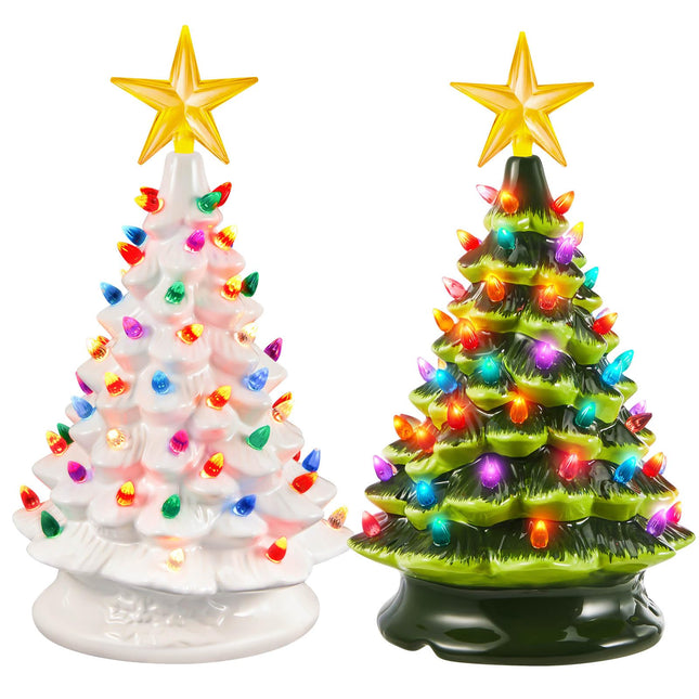2 Pack 15 Inch Ceramic Christmas Tree, Pre Lit Lighted Tabletop Tree Hand Painted Prelit Xmas Tree Figurine with Multicolored Bulbs for Home Office Table Decoration(Green, White)