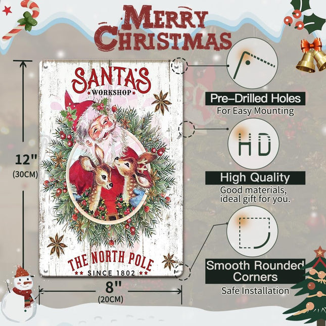 Christmas Decorations Santa's Workshop Sign Retro Santa Sign Retro Christmas Wreath Funny Christmas 8x12 Inch Metal Tin Sign Christmas Wall Art for Home Coffee Shop Retro Wall Decor Reindeer Poster