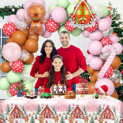 120PCS Christmas Balloon Garland Arch Kit Decorations Pink Green Gingerbread Christmas Balloon Garland with Tablecloth Candyland Candy Cane Christmas Xmas Cookie Holiday Party Decorations