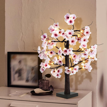 Uieke 24IN Lighted Cherry Blossom Tree 24 Warm White LED Tabletop Artifical Bonsai Tree with Timer Battery Operated for Wedding Party Spring Christmas Home Indoor Japanese Room Decor