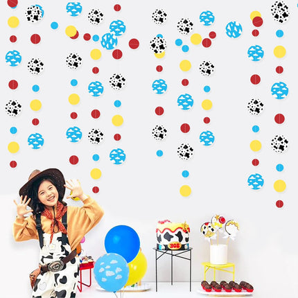 Cartoon Story Party Decorations Blue Yellow Red Circle Dot with Cloud and Cow Print Polka Dots Garland Streamer for Kids Birthday Baby Shower Toy and Story Carnival Theme Party Decorations Supplies