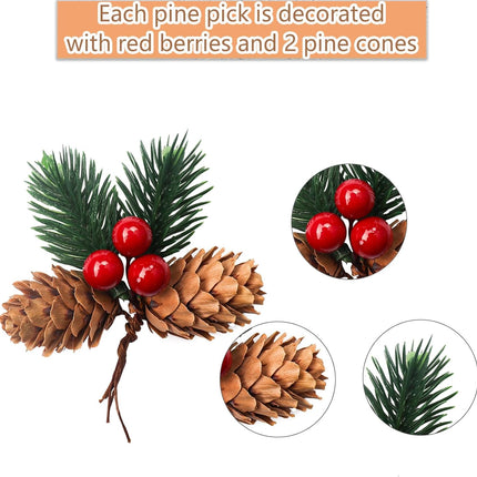 15 Pcs Artificial Pine Cone Picks and Red Berry,Mini Artificial Pine Tree for Christmas Party Flower Wreaths and Holiday Decorations