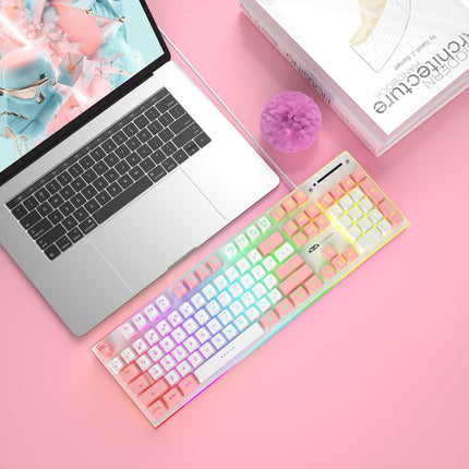 Camiysn Gaming Keyboard, Wired Keyboard with RGB Backlit, Full Size Keyboard with White&Pink Mixed Color Keycaps, Keyboard with 26 Keys Anti-ghosting for Computer/PC/Laptop/Mac/Windows/Office