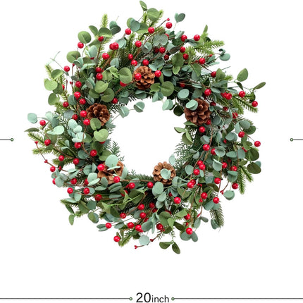 Idyllic Eucalyptus Wreath for Front Door,20" Red Berries Christmas Wreath with Pine Cones, Decorations for Everyday Farmhouse Window Outdoor/Indoor