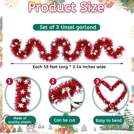 33FT Christmas Tinsel Garlands, 5pcs Red Snowflake Metallic Garland Christmas Glittering Foil Hanging Garland for Christmas Tree Fireplace Home Party Decoration